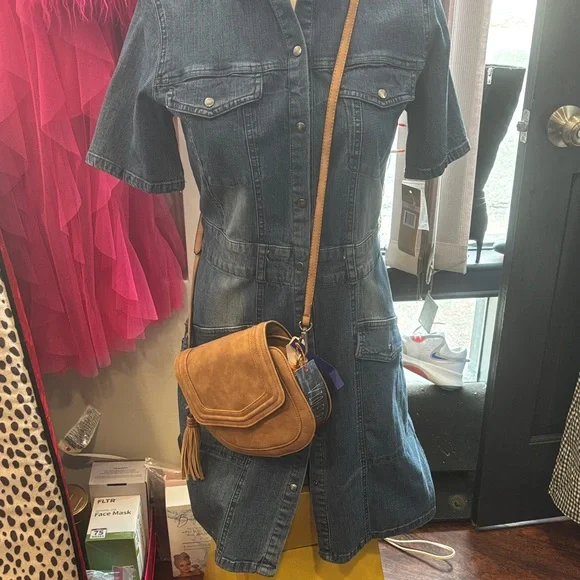 Denim Midi Shirt Dress with Pearl Detail - Blue - Picture 10 of 12